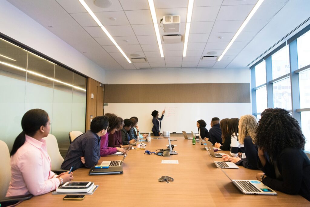 Business meeting in a conference hall.