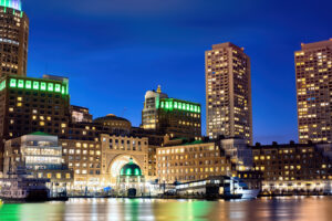 Nighttime cityscape of Boston